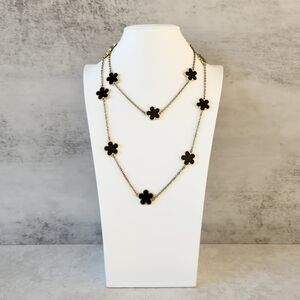 Fornash Black Enamel Clover Flower Quatrefoil Gold Toned Long Statement Necklace